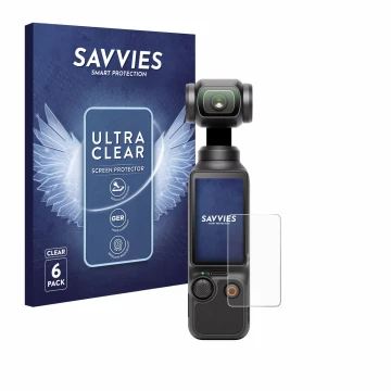 Parte frontal de un envase de producto con el logotipo de la marca Savvies. Al lado se muestra el dispositivo DJI Osmo Pocket 
