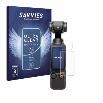 Parte frontal de un envase de producto con el logotipo de la marca Savvies. Al lado se muestra el dispositivo DJI Osmo Pocket 