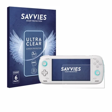 Parte frontal de un envase de producto con el logotipo de la marca Savvies. Al lado se muestra el dispositivo AYN Odin 2 con s