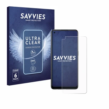 Parte frontal de un envase de producto con el logotipo de la marca Savvies. Al lado se muestra el dispositivo Oppo Reno 8T con