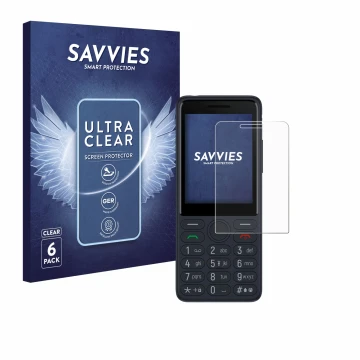 Parte frontal de un envase de producto con el logotipo de la marca Savvies. Al lado se muestra el dispositivo TCL Onetouch 402