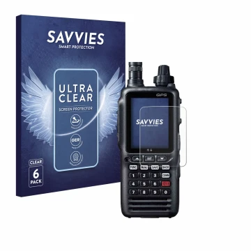 Parte frontal de un envase de producto con el logotipo de la marca Savvies. Al lado se muestra el dispositivo Yaesu FTA-850L c