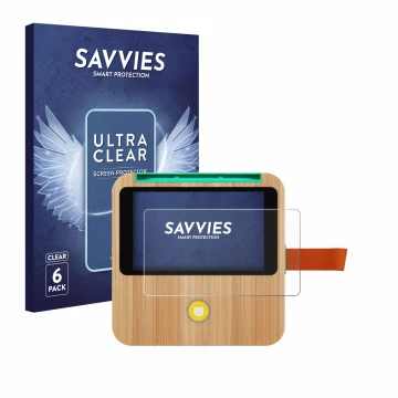 Parte frontal de un envase de producto con el logotipo de la marca Savvies. Al lado se muestra el dispositivo tigerbox Touch P