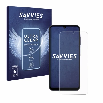 Parte frontal de un envase de producto con el logotipo de la marca Savvies. Al lado se muestra el dispositivo Samsung Galaxy A