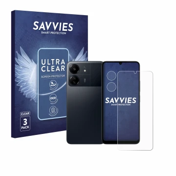 Parte frontal de un envase de producto con el logotipo de la marca Savvies. Al lado se muestra el dispositivo Xiaomi Poco C65 