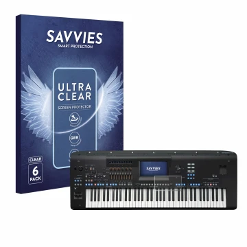 Parte frontal de un envase de producto con el logotipo de la marca Savvies. Al lado se muestra el dispositivo Yamaha Genos2 co