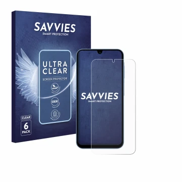 Parte frontal de un envase de producto con el logotipo de la marca Savvies. Al lado se muestra el dispositivo Samsung Galaxy A
