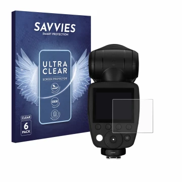 Parte frontal de un envase de producto con el logotipo de la marca Savvies. Al lado se muestra el dispositivo Profoto A10 con 