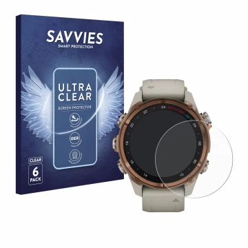 Parte frontal de un envase de producto con el logotipo de la marca Savvies. Al lado se muestra el dispositivo Garmin Descent M