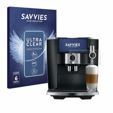 Parte frontal de un envase de producto con el logotipo de la marca Savvies. Al lado se muestra el dispositivo Jura J8 twin con