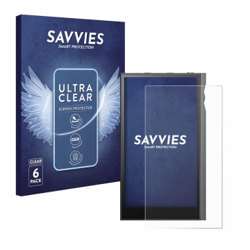Parte frontal de un envase de producto con el logotipo de la marca Savvies. Al lado se muestra el dispositivo Astell&Kern Kann