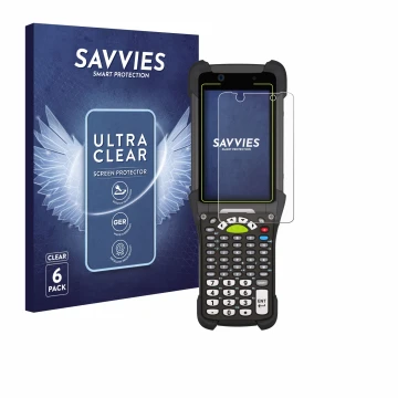 Parte frontal de un envase de producto con el logotipo de la marca Savvies. Al lado se muestra el dispositivo Zebra MC9400 con