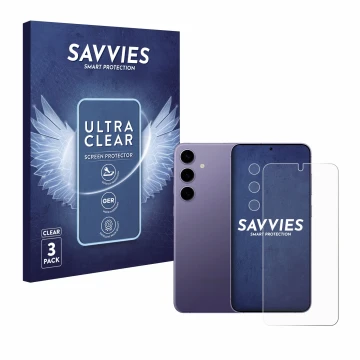 Parte frontal de un envase de producto con el logotipo de la marca Savvies. Al lado se muestra el dispositivo Samsung Galaxy S