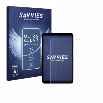 Parte frontal de un envase de producto con el logotipo de la marca Savvies. Al lado se muestra el dispositivo Alldocube iPlay 