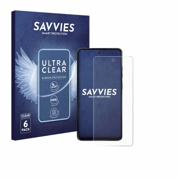 Parte frontal de un envase de producto con el logotipo de la marca Savvies. Al lado se muestra el dispositivo Motorola Moto G2