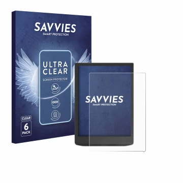 Parte frontal de un envase de producto con el logotipo de la marca Savvies. Al lado se muestra el dispositivo Vivlio InkPad 4 
