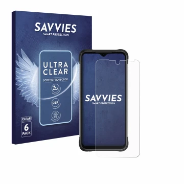 Parte frontal de un envase de producto con el logotipo de la marca Savvies. Al lado se muestra el dispositivo Umidigi Bison X2