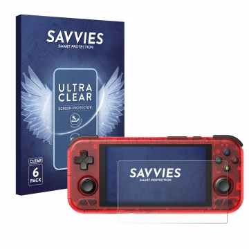 Parte frontal de un envase de producto con el logotipo de la marca Savvies. Al lado se muestra el dispositivo Retroid Pocket 4