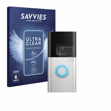 Parte frontal de un envase de producto con el logotipo de la marca Savvies. Al lado se muestra el dispositivo Ring Video Doorb