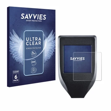 Parte frontal de un envase de producto con el logotipo de la marca Savvies. Al lado se muestra el dispositivo Trezor Model T c