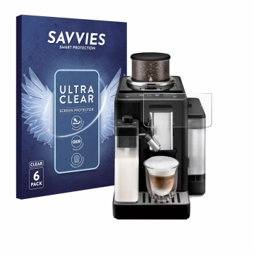 Parte frontal de un envase de producto con el logotipo de la marca Savvies. Al lado se muestra el dispositivo DeLonghi Rivelia