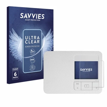 Parte frontal de un envase de producto con el logotipo de la marca Savvies. Al lado se muestra el dispositivo Canon Selphy CP1