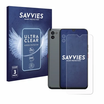 Parte frontal de un envase de producto con el logotipo de la marca Savvies. Al lado se muestra el dispositivo Gigaset GS5 PRO 