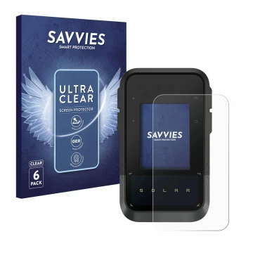 Parte frontal de un envase de producto con el logotipo de la marca Savvies. Al lado se muestra el dispositivo Garmin eTrex Sol