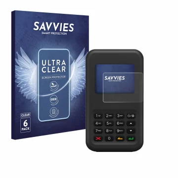 Parte frontal de un envase de producto con el logotipo de la marca Savvies. Al lado se muestra el dispositivo Shopify WisePad 