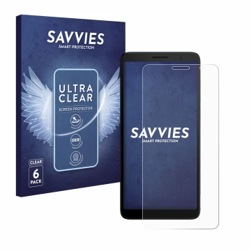Parte frontal de un envase de producto con el logotipo de la marca Savvies. Al lado se muestra el dispositivo TCL 501 con su p