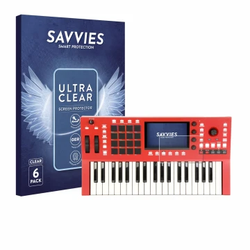 Parte frontal de un envase de producto con el logotipo de la marca Savvies. Al lado se muestra el dispositivo Akai Professiona