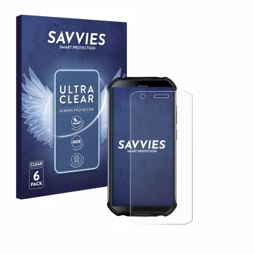 Parte frontal de un envase de producto con el logotipo de la marca Savvies. Al lado se muestra el dispositivo Doogee S41 Plus 