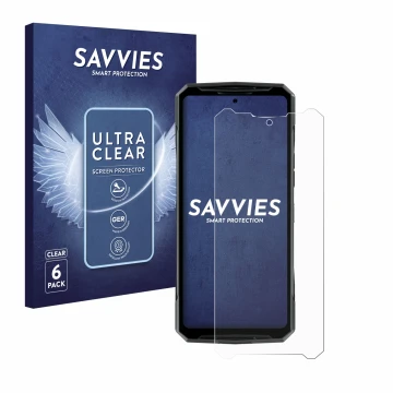Parte frontal de un envase de producto con el logotipo de la marca Savvies. Al lado se muestra el dispositivo Doogee DK10 con 