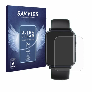 Parte frontal de un envase de producto con el logotipo de la marca Savvies. Al lado se muestra el dispositivo Sross Smartwatch