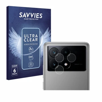 Parte frontal de un envase de producto con el logotipo de la marca Savvies. Al lado se muestra el dispositivo Xiaomi Poco X6 P