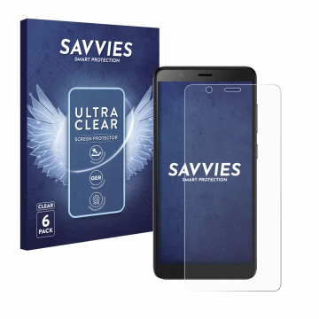 Parte frontal de un envase de producto con el logotipo de la marca Savvies. Al lado se muestra el dispositivo ZTE Blade A32 co