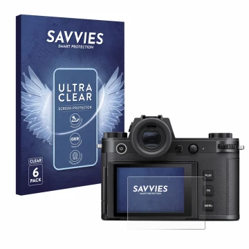 Parte frontal de un envase de producto con el logotipo de la marca Savvies. Al lado se muestra el dispositivo Leica SL3 con su