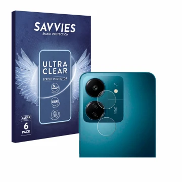 Parte frontal de un envase de producto con el logotipo de la marca Savvies. Al lado se muestra el dispositivo Xiaomi Redmi 13C