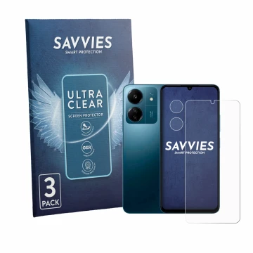 Parte frontal de un envase de producto con el logotipo de la marca Savvies. Al lado se muestra el dispositivo Xiaomi Redmi 13C