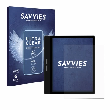 Parte frontal de un envase de producto con el logotipo de la marca Savvies. Al lado se muestra el dispositivo Bigme B751C con 