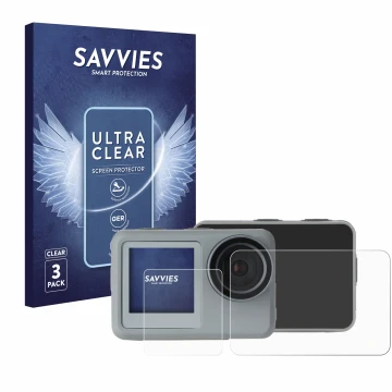 Parte frontal de un envase de producto con el logotipo de la marca Savvies. Al lado se muestra el dispositivo Rollei Actioncam