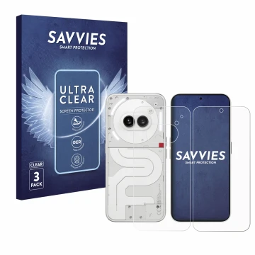 Parte frontal de un envase de producto con el logotipo de la marca Savvies. Al lado se muestra el dispositivo Nothing Phone (2