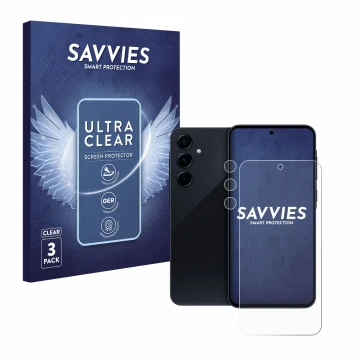 Parte frontal de un envase de producto con el logotipo de la marca Savvies. Al lado se muestra el dispositivo Samsung Galaxy A