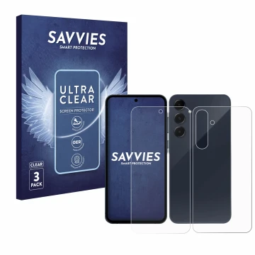 Parte frontal de un envase de producto con el logotipo de la marca Savvies. Al lado se muestra el dispositivo Samsung Galaxy A