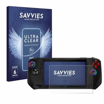 Parte frontal de un envase de producto con el logotipo de la marca Savvies. Al lado se muestra el dispositivo MSI Claw A1M con