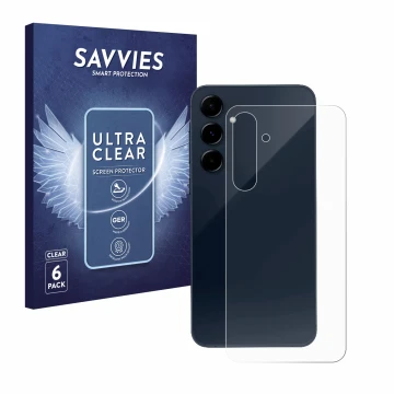 Parte frontal de un envase de producto con el logotipo de la marca Savvies. Al lado se muestra el dispositivo Samsung Galaxy A