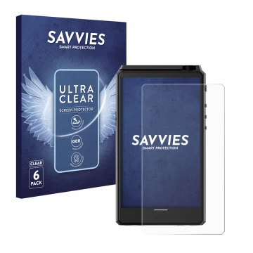 Parte frontal de un envase de producto con el logotipo de la marca Savvies. Al lado se muestra el dispositivo Hiby R6 III con 