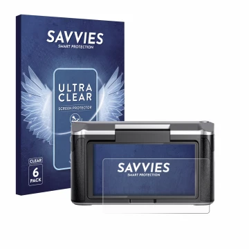 Parte frontal de un envase de producto con el logotipo de la marca Savvies. Al lado se muestra el dispositivo Revopoint Miraco