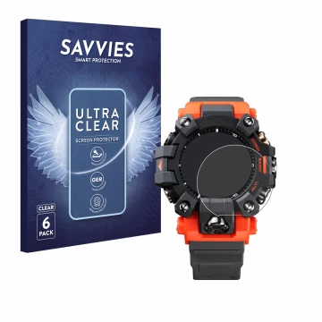 Parte frontal de un envase de producto con el logotipo de la marca Savvies. Al lado se muestra el dispositivo Casio G-Shock GW