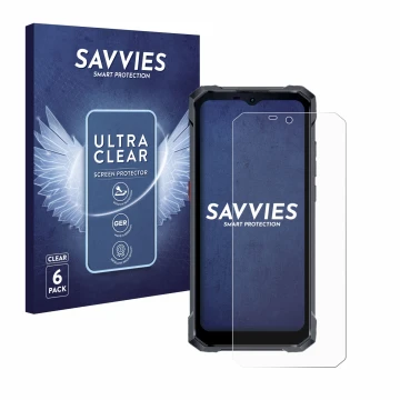 Parte frontal de un envase de producto con el logotipo de la marca Savvies. Al lado se muestra el dispositivo Hotwav W11 con s
